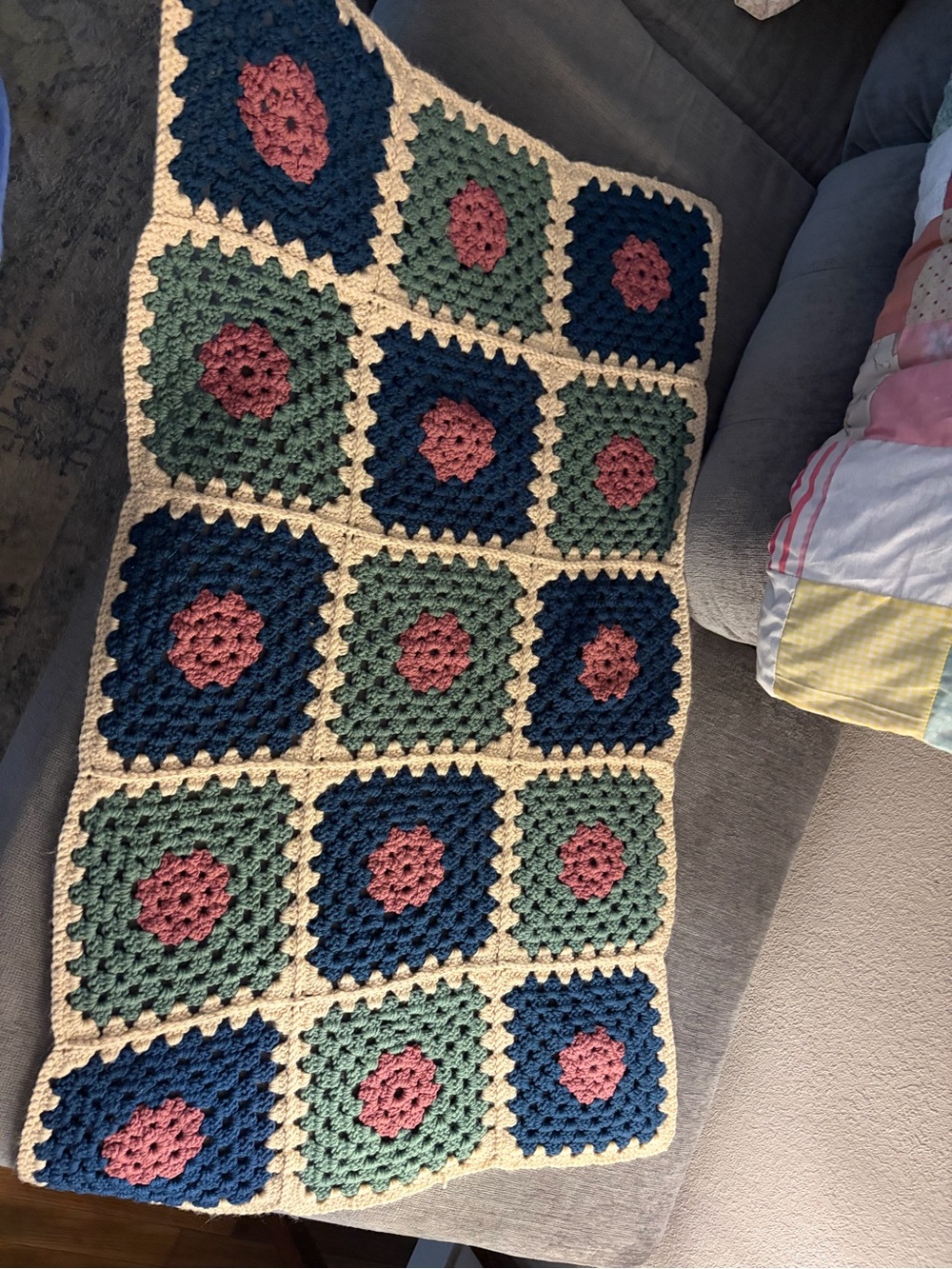 Handmade Crochet Throw Blanket in Blue, Green and Pink with Cream Border